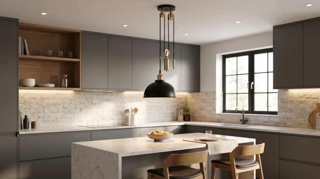 Image alt text: rise-and-fall pendant fixture above a stone kitchen island