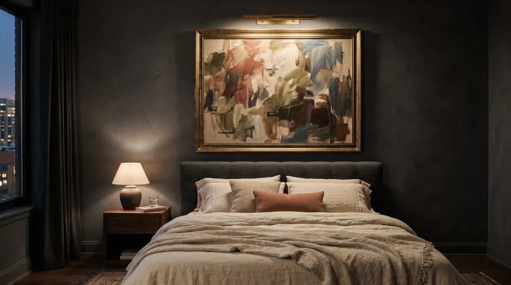 Image alt text: Oversized abstract framed artwork above a charcoal upholstered bed