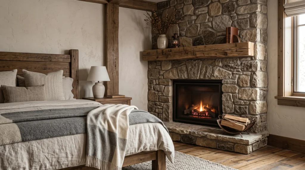Alt text: Small stone-surround fireplace nook beside a rustic bed with a wood mantel