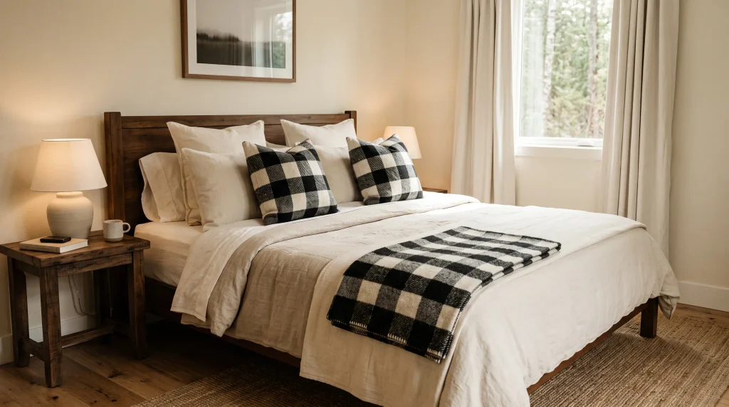 Alt text: Black and white buffalo check throw pillows and blanket on a neutral rustic bed