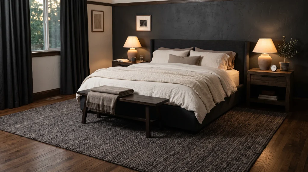 Image alt text: Textured charcoal and taupe wool rug beneath a dark upholstered bed