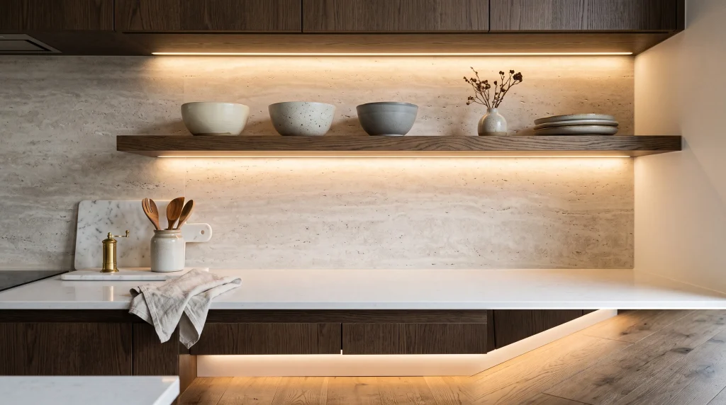 Image alt text: LED strip lighting beneath cabinets and floating shelves