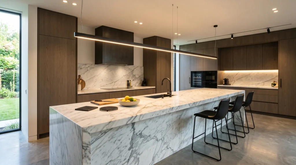 Image alt text: linear pendant light centered above a long marble kitchen island
