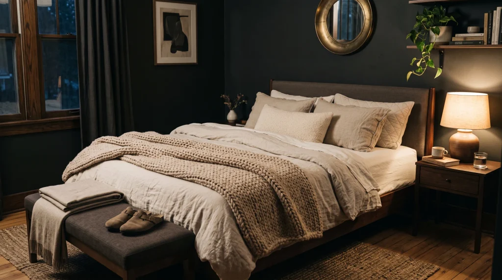 Image alt text: Cream, beige, and oatmeal layered bedding against charcoal walls