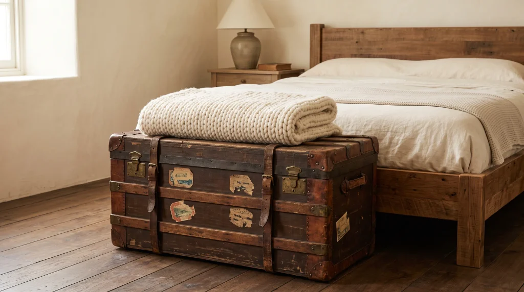 Alt text: Weathered leather and wood vintage trunk at the foot of a rustic bed