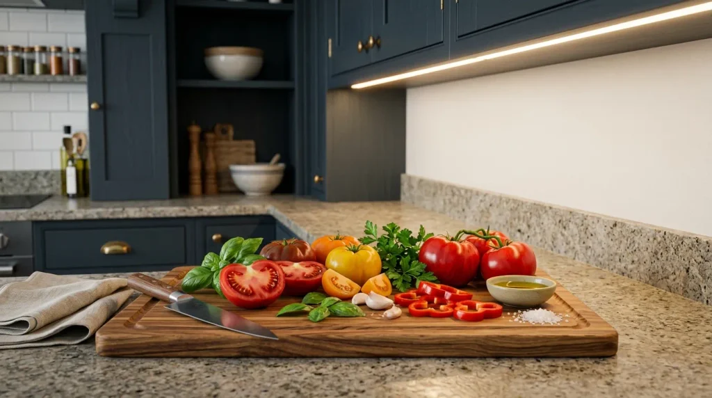 Image alt text: high-CRI LED kitchen lighting showing natural countertop and food colors