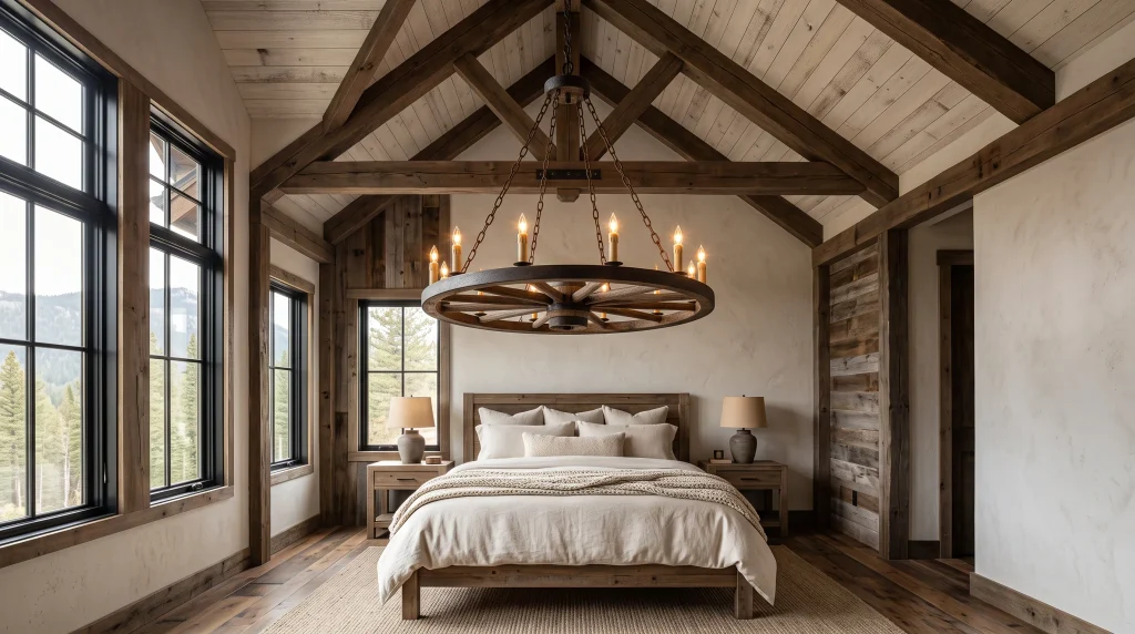 Alt text: Wood wagon wheel chandelier with candle-style bulbs hanging in a rustic bedroom