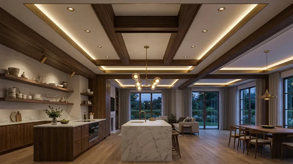Image alt text: layered decorative ceiling lighting in an open-plan kitchen