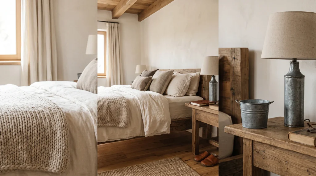 Alt text: Galvanized metal bucket and lantern-style lamp on a rustic wood nightstand