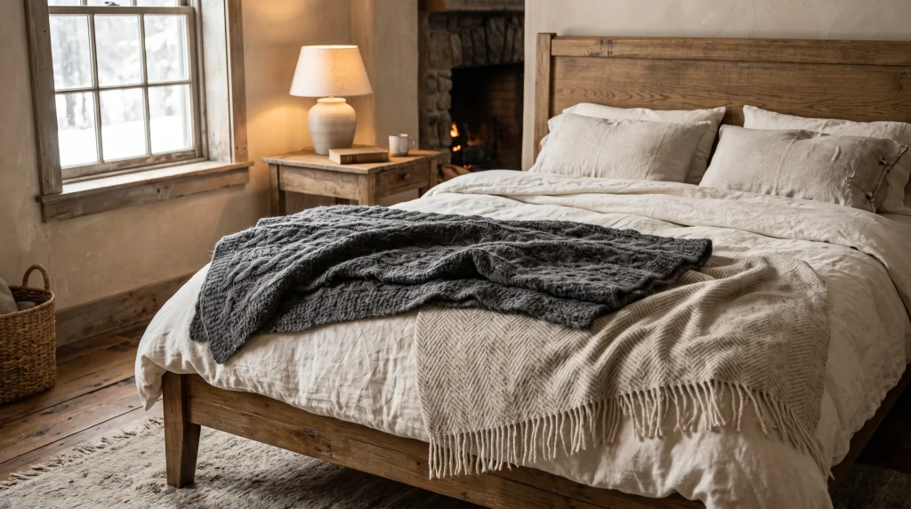 Alt text: Layered cream and gray wool blankets folded at the foot of a rustic wood bed