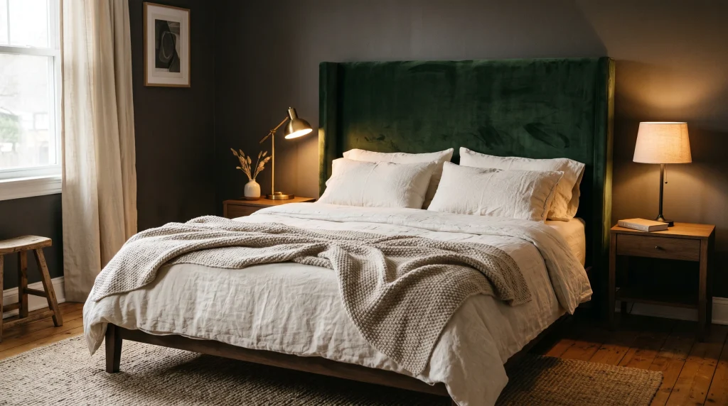 Image alt text: Forest green velvet bed with cream linen bedding and a knitted throw