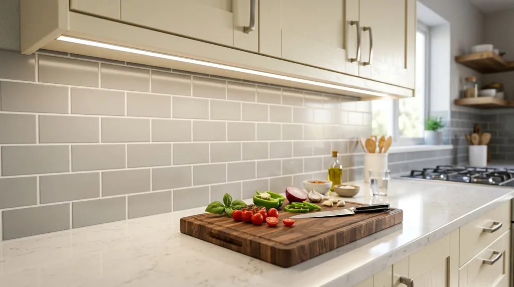 Image alt text: LED strip lighting beneath white kitchen cabinets over quartz counters
