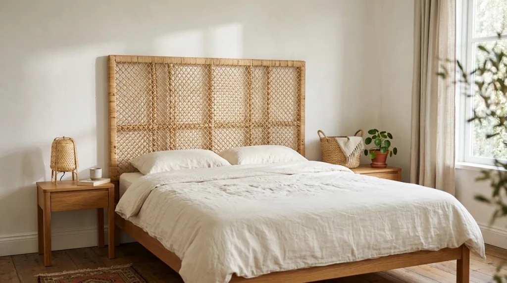 3. Add a Rattan or Woven Headboard