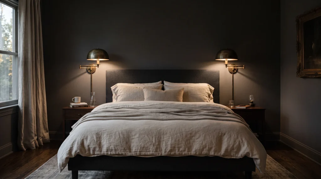 Image alt text: Antique brass wall sconces glowing beside a dark upholstered bed