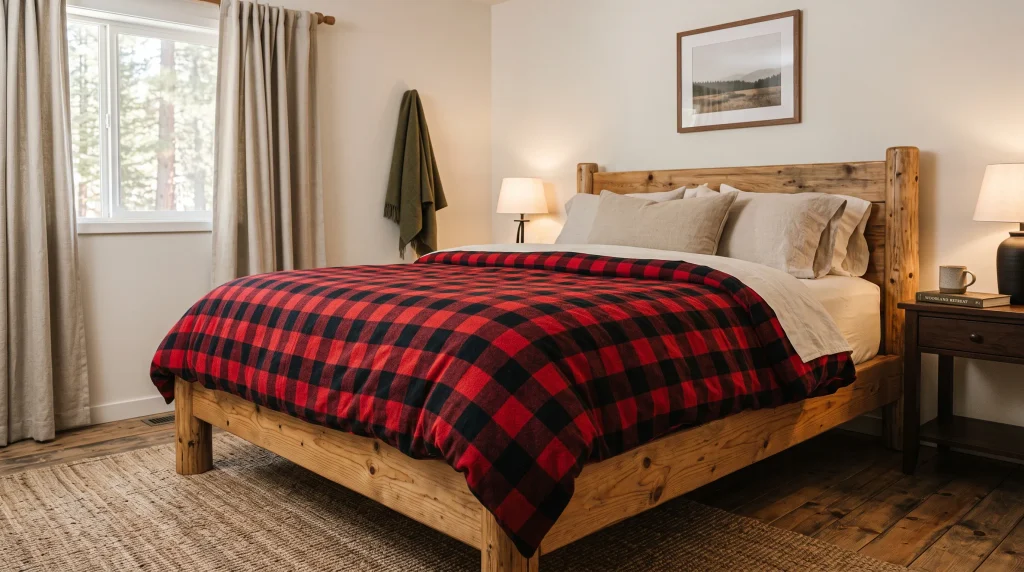 Alt text: Red and black buffalo plaid flannel duvet layered over cream sheets on a wood bed frame