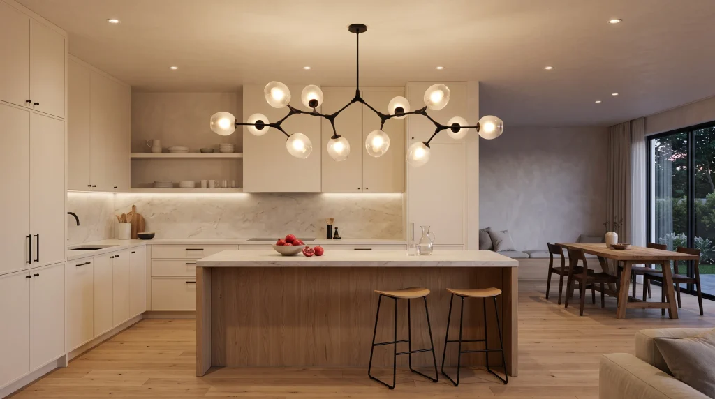 Image alt text: sculptural black metal ceiling light above a stone kitchen island