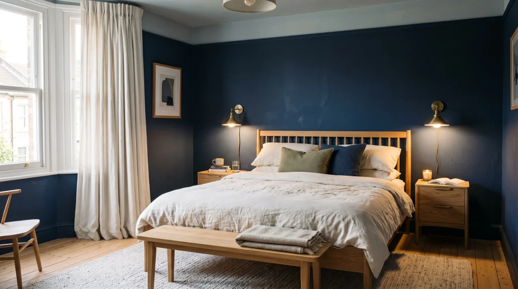 Image alt text: Navy blue bedroom walls with oak bed frame, cream bedding, and brass lamps