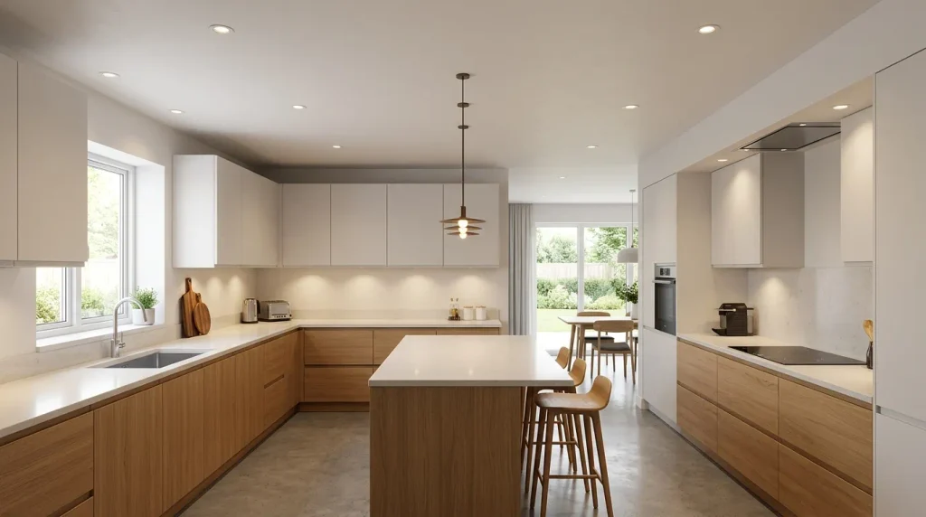 Image alt text: recessed ceiling lights over white cabinets and quartz counters
