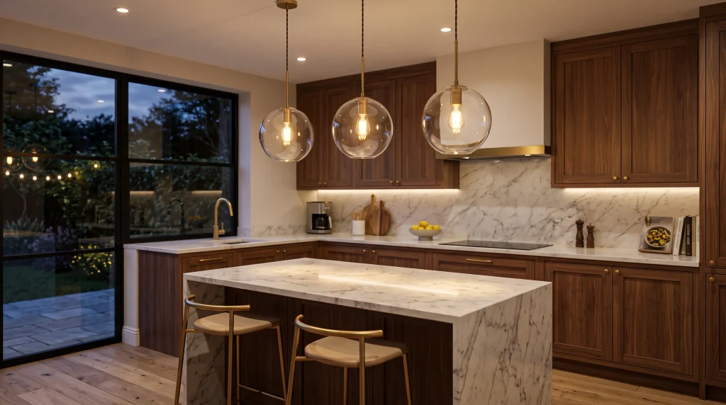 Image alt text: glass globe pendant lights above a marble kitchen island