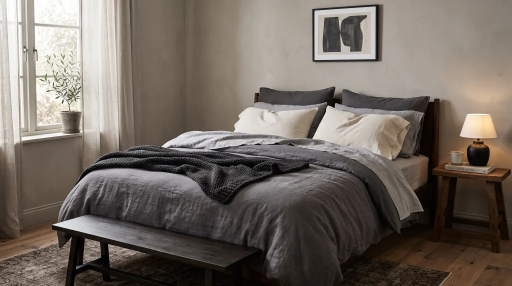 Image alt text: Layered smoky gray linen bedding with cream pillows and a textured throw