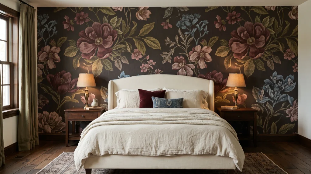 Image alt text: Dark botanical wallpaper with burgundy and olive flowers behind a cream upholstered bed