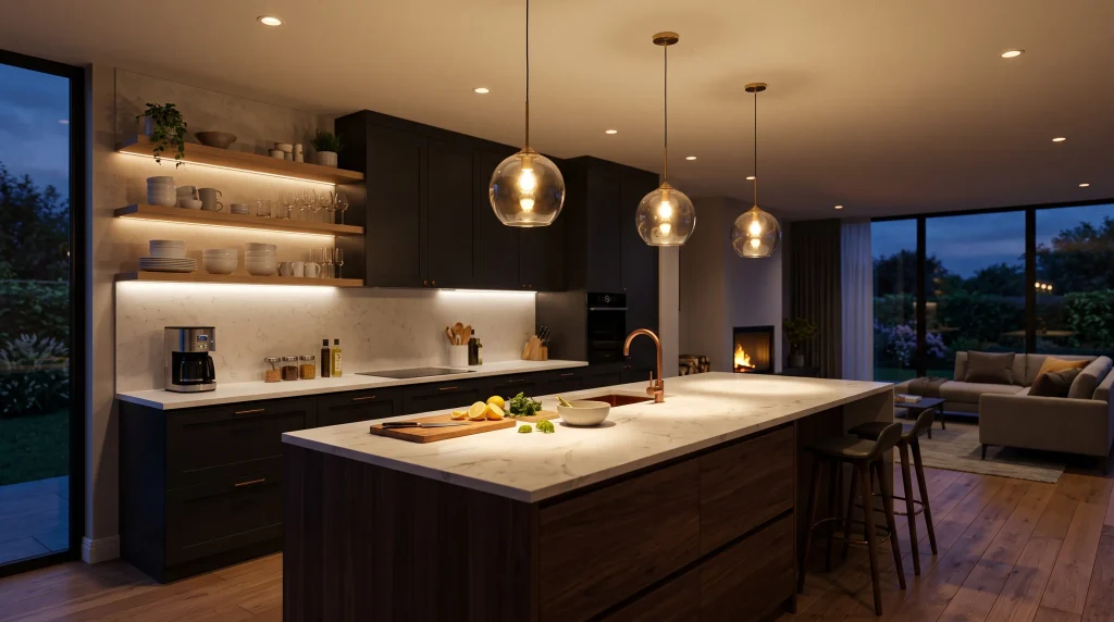 Image alt text: layered kitchen lighting with recessed lights, pendants, and under-cabinet LEDs