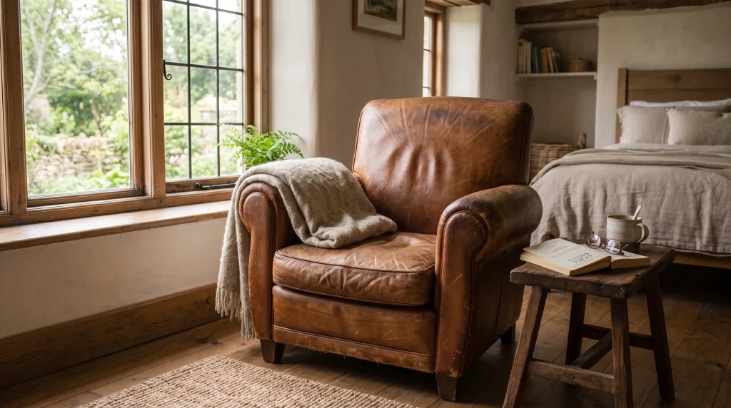 Alt text: Worn cognac leather armchair beside a rustic wood nightstand and window