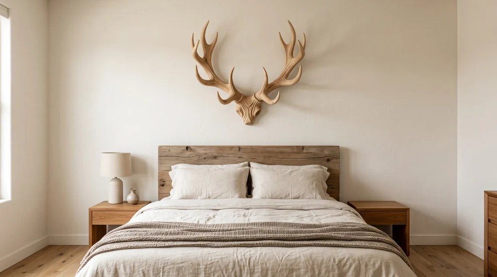Alt text: Single carved wood antler-style sculpture mounted above a rustic bed headboard