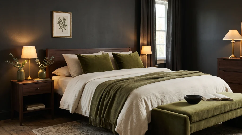 Image alt text: Olive green velvet bench and cushions in a charcoal bedroom