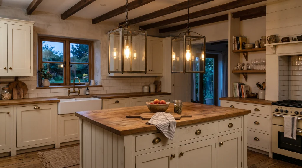 Image alt text: aged brass lantern pendant lights above a farmhouse kitchen island