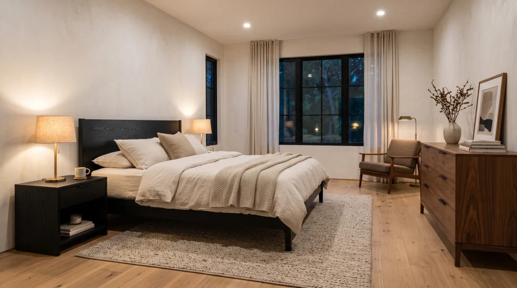 Image alt text: Black-stained wood bed and nightstands with a walnut dresser and cream linen bedding