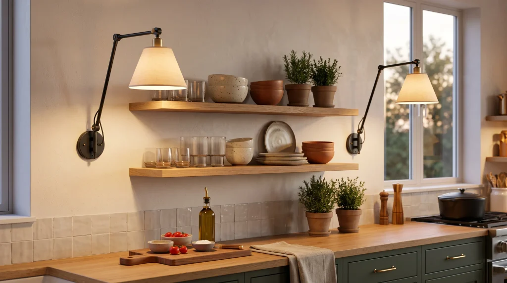Image alt text: black swing-arm wall sconces beside open kitchen shelves