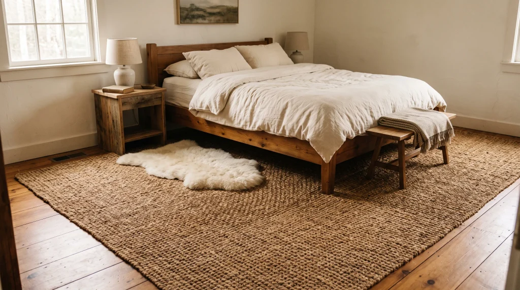 Alt text: Natural jute rug with visible woven texture beneath a wood bed frame