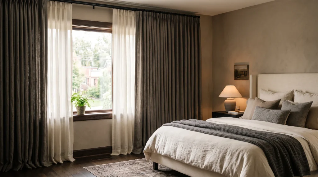 Image alt text: Sheer ivory and heavy charcoal layered curtains in a taupe bedroom