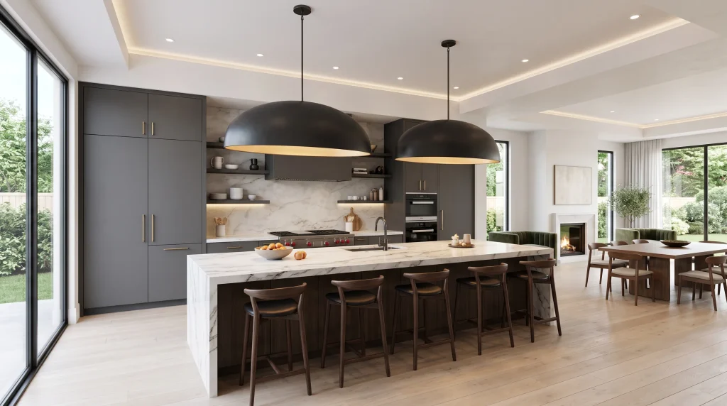 Image alt text: oversized sculptural pendant lights above a long marble kitchen island