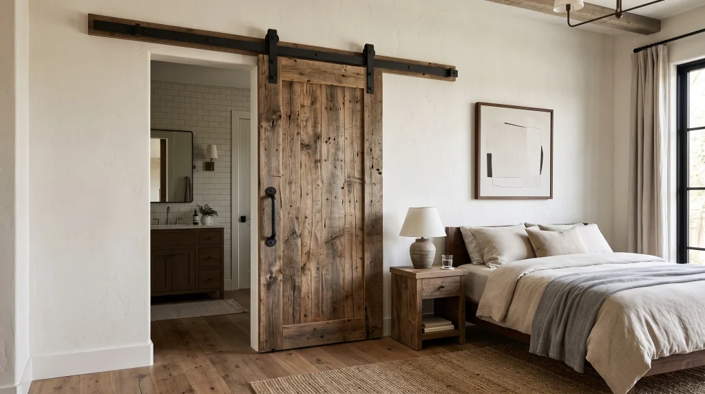 Alt text: Reclaimed wood sliding barn door mounted on black iron hardware in a rustic bedroom